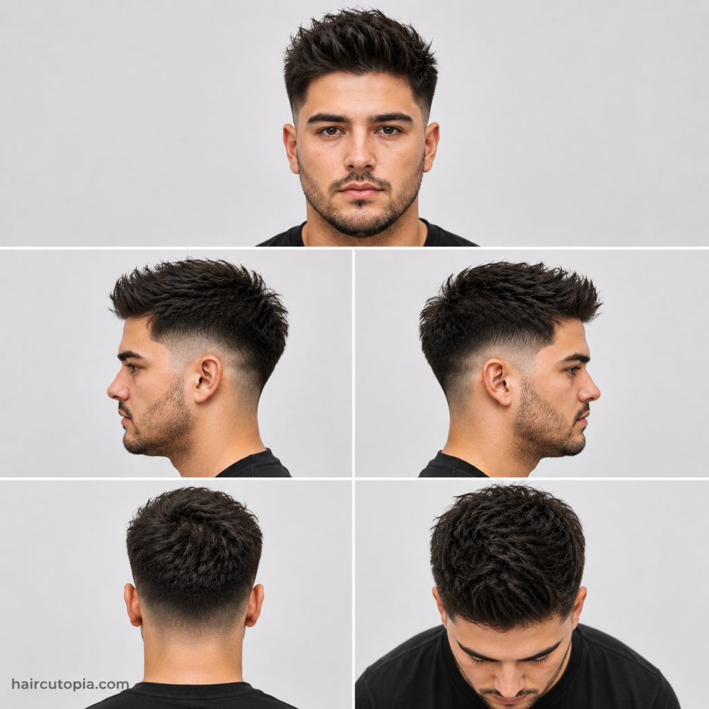 Five-panel collage showing a taper fade haircut for a round face from the front, left side, right side, back, and bird's-eye views