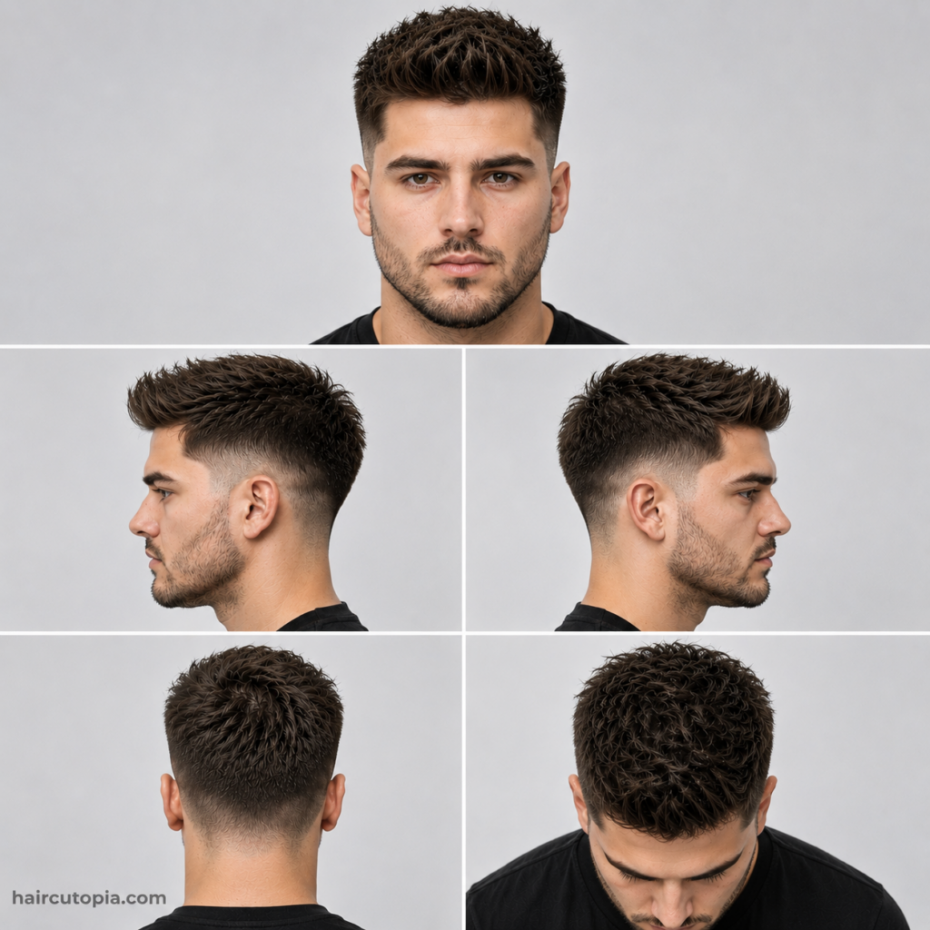 Five-panel collage showing a taper fade haircut for a square face from the front, left side, right side, back, and bird's-eye views