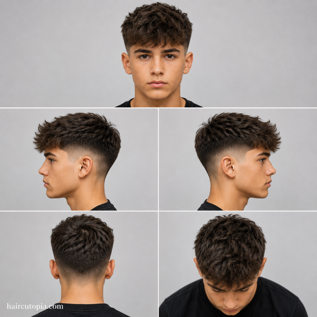 Five-panel collage showing a teen boy's taper fade haircut from the front, left side, right side, back, and top views.