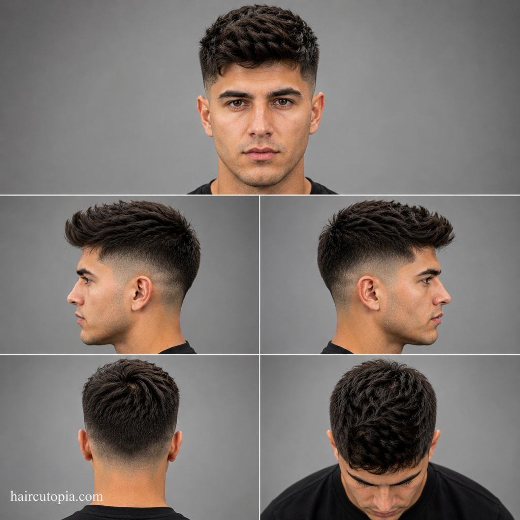 Five-panel collage showing a taper fade haircut for thick hair from the front, left side, right side, back, and bird's-eye view with textured volume and clean taper blending.