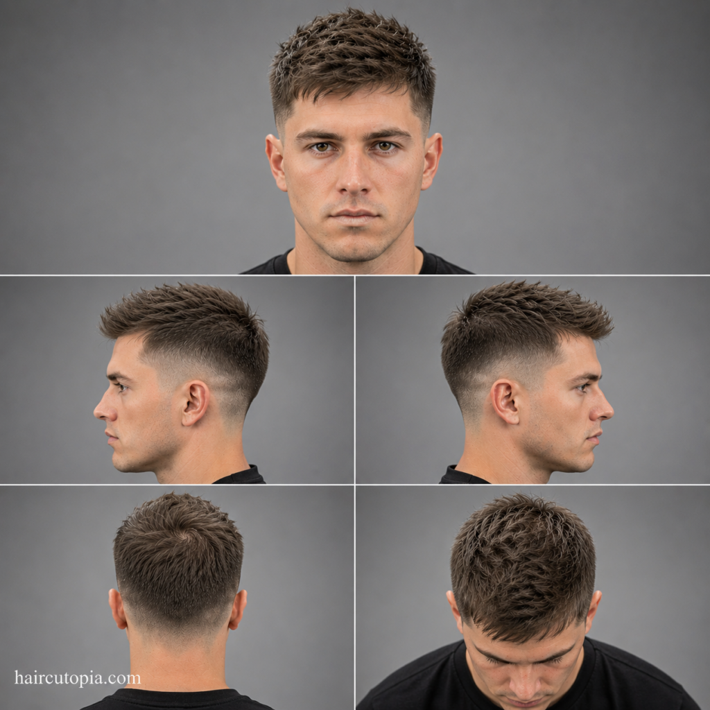 Five-panel collage showing a taper fade haircut for thin hair from the front, left side, right side, back, and bird's-eye view with textured styling and clean taper blending.