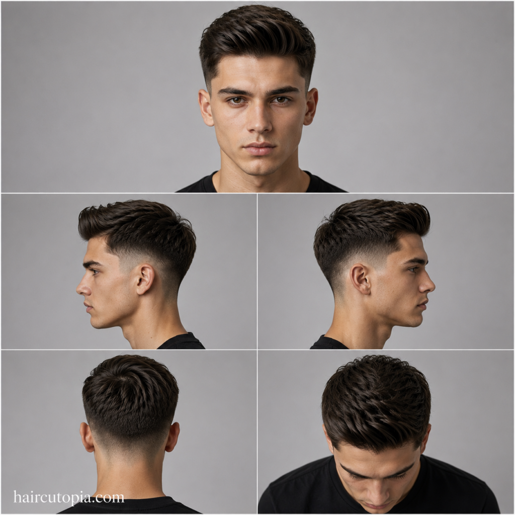 Five-panel collage showing a taper fade haircut for straight hair from the front, left side, right side, back, and top views.
