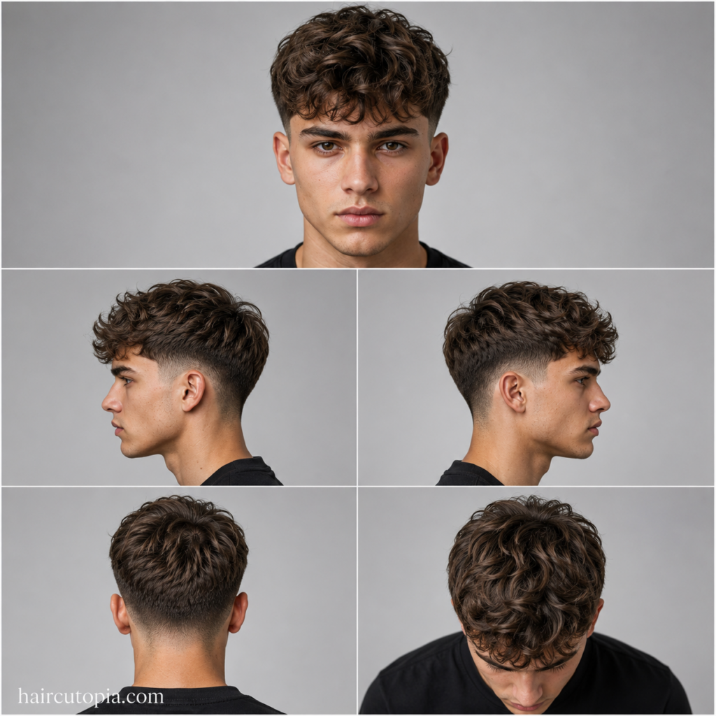 Five-panel collage showing a taper fade haircut for wavy hair from the front, left side, right side, back, and top views.