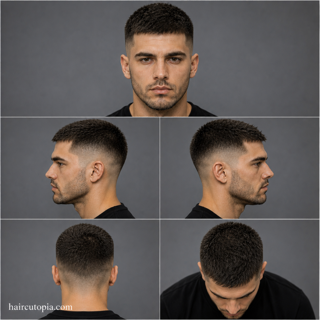 Five-panel collage showing a textured buzz cut haircut from the front, left side, right side, back, and top views.