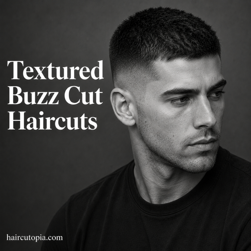 Man with a textured buzz cut haircut featuring natural texture on top and a clean fade on the sides.