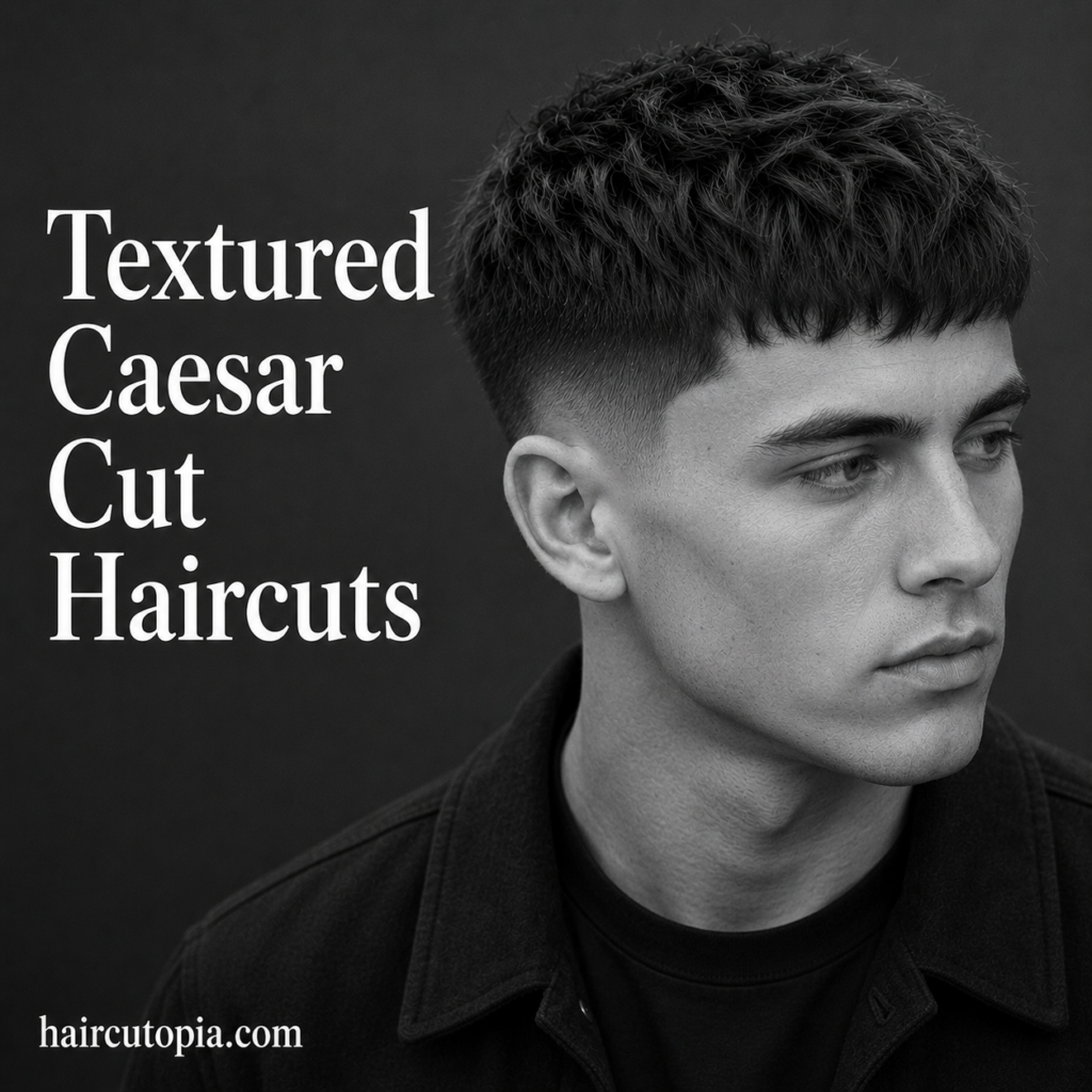 Man with a textured Caesar cut featuring layered fringe and faded sides