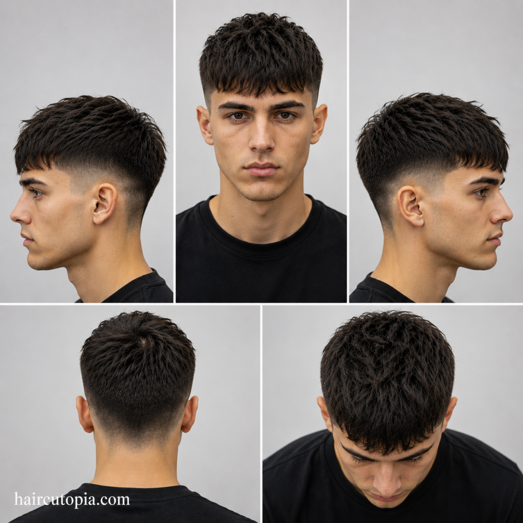 Five-panel collage showing a textured Caesar cut haircut from front, side, back, and top views