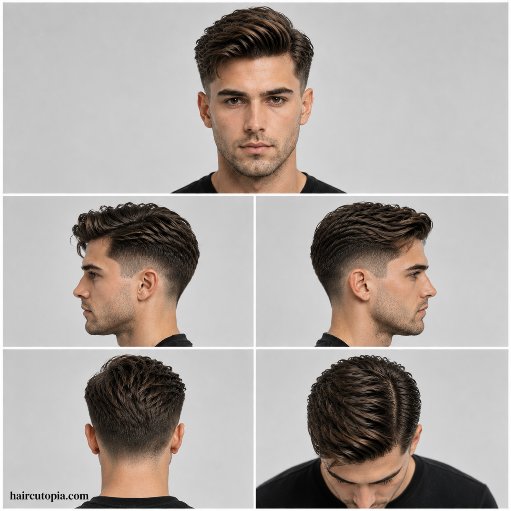 Five-view collage showing a men’s textured comb over haircut from the front, left side, right side, back, and top