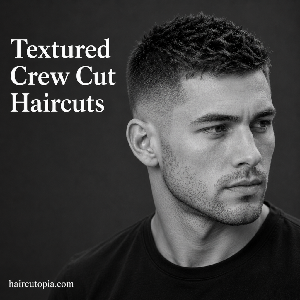 Man with a textured crew cut hairstyle featuring natural volume and texture in a black and white editorial portrait