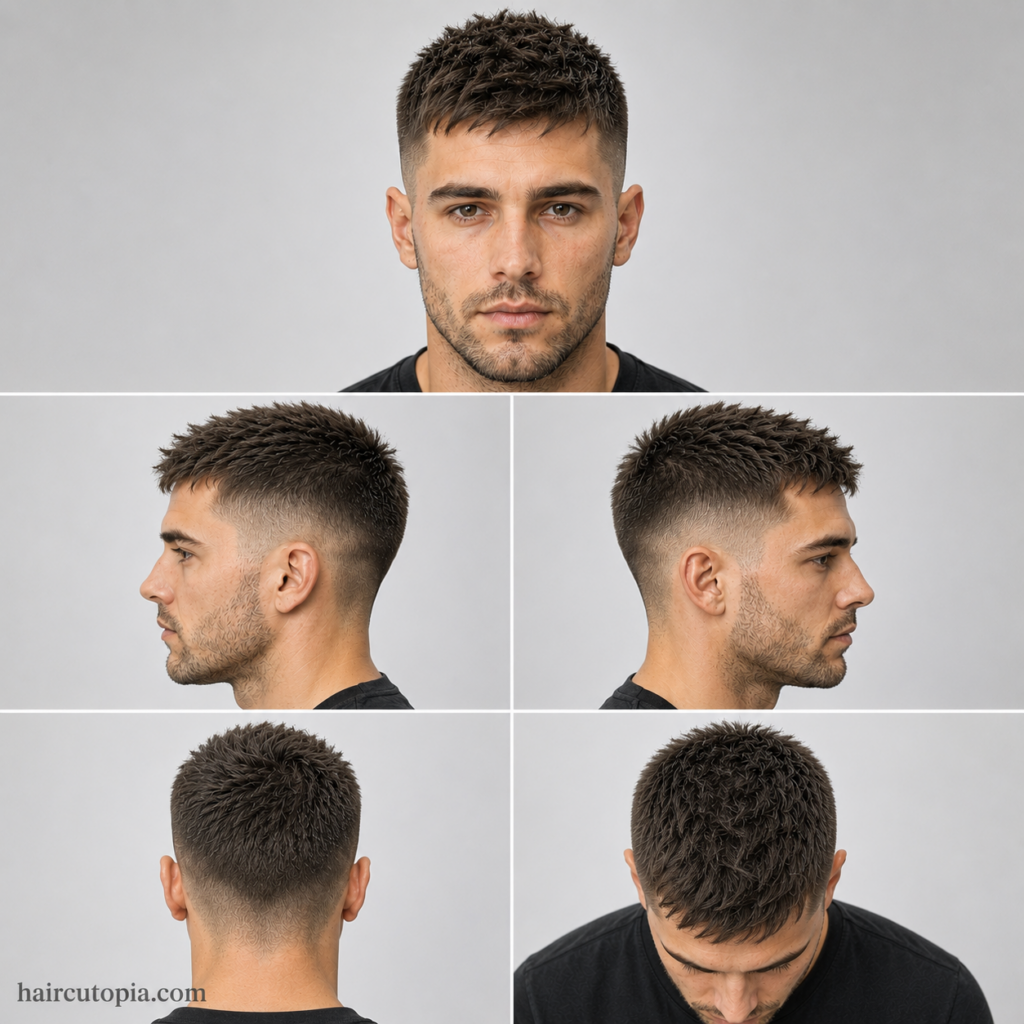Five-panel collage showing a textured crew cut haircut from front, left side, right side, back, and top views