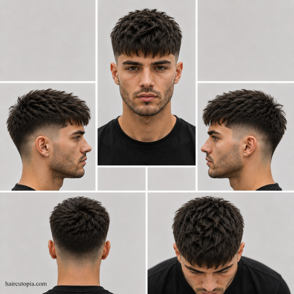Five-view collage of a men's textured crop haircut for coarse hair showing the front, left side, right side, back, and top views with heavily textured layers and a low fade.