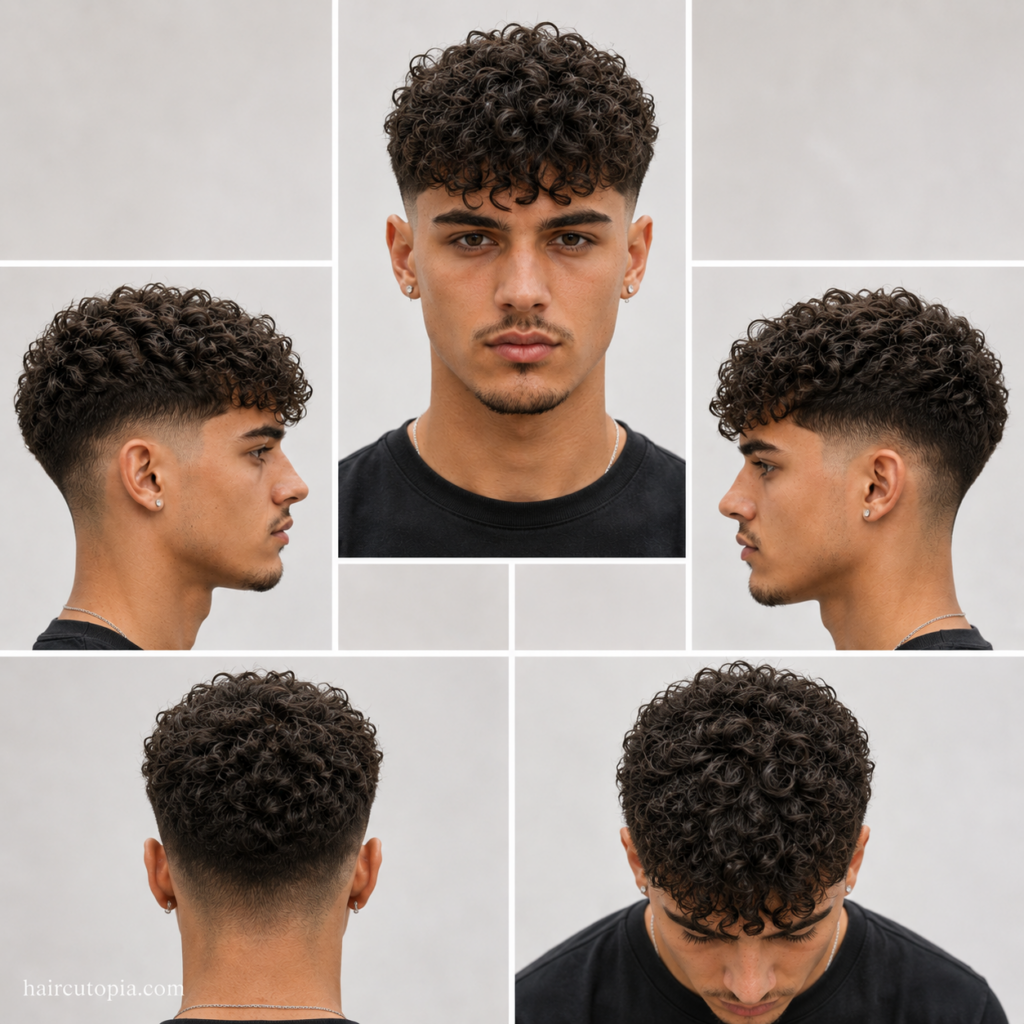 Five-view collage of a men's textured crop haircut for curly hair showing the front, left side, right side, back, and top views with defined curls and a low fade.