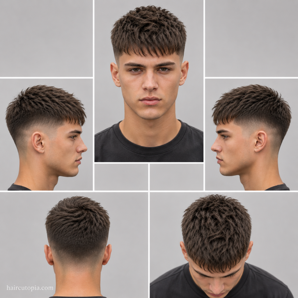 Five-view collage of a men's textured crop haircut for fine hair showing the front, left side, right side, back, and top views with textured layers and a low fade.