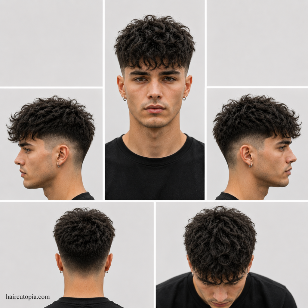 Five-view collage of a men's textured crop haircut for frizzy hair showing the front, left side, right side, back, and top views with natural texture and a low fade.