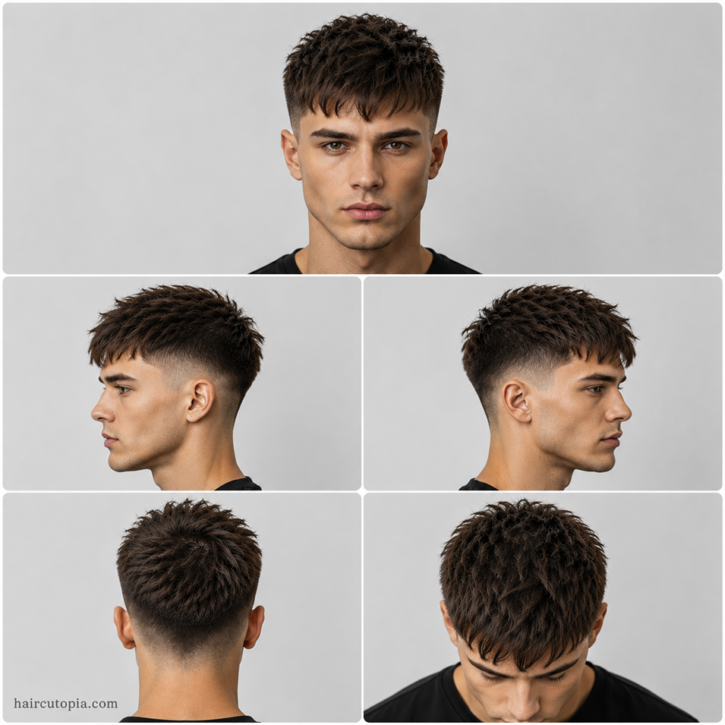 Five-view collage of a textured crop haircut for a diamond-shaped face showing the front, left side, right side, back, and top views.