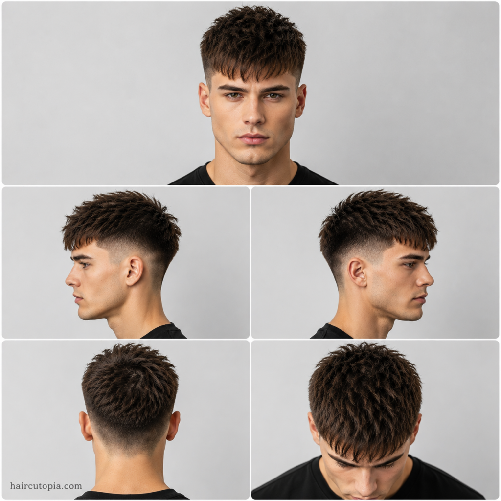 Five-view collage of a textured crop haircut for a heart-shaped face showing the front, left side, right side, back, and top views.