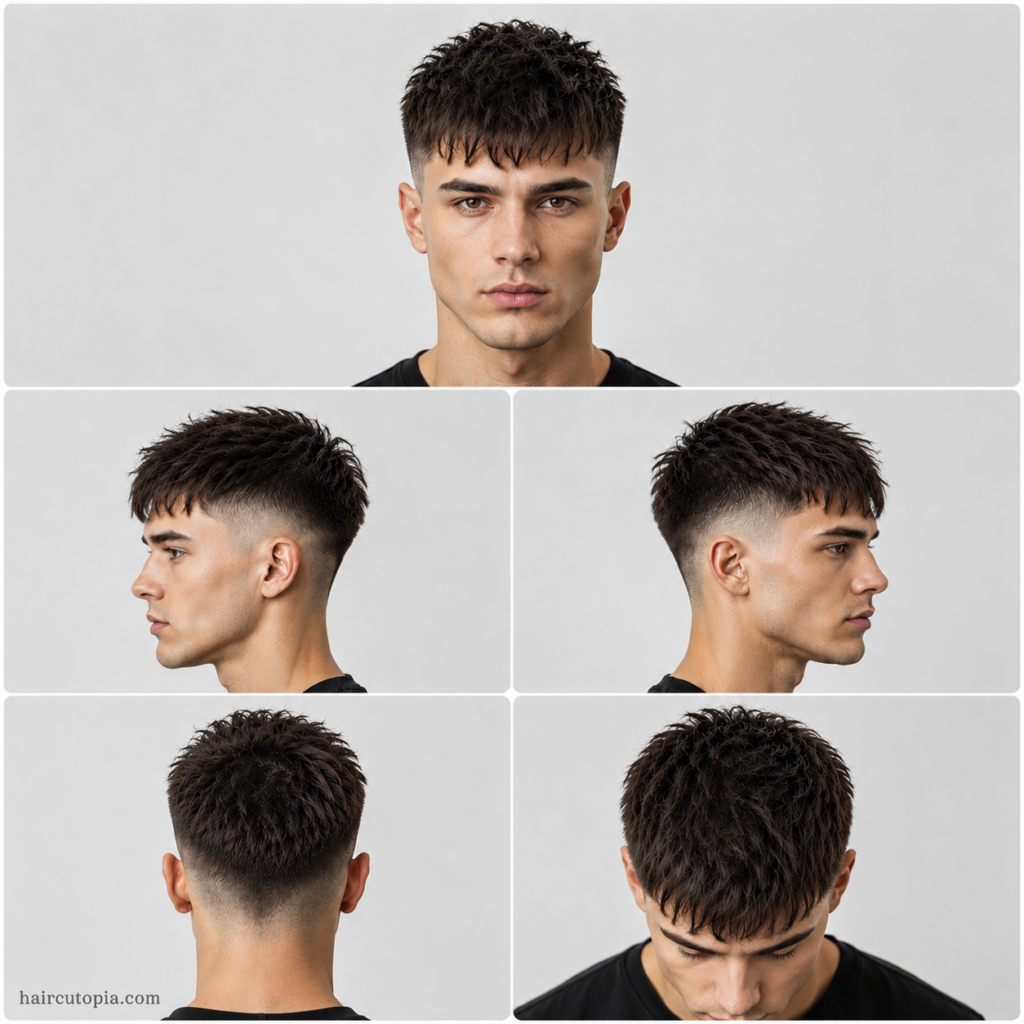 Five-view collage of a textured crop haircut for a long face showing the front, left side, right side, back, and top views.