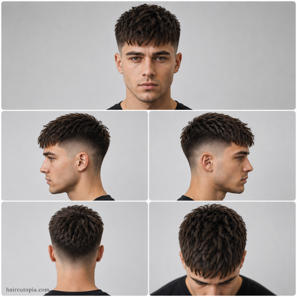 Five-view collage of a textured crop haircut for an oval face showing the front, left side, right side, back, and top views.