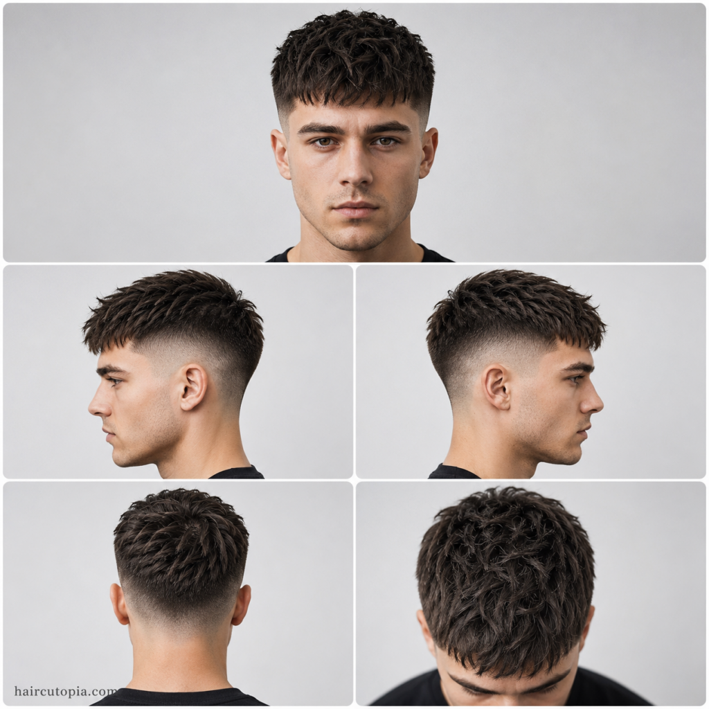 Five-view collage of a textured crop haircut for a round face showing the front, left side, right side, back, and top views.