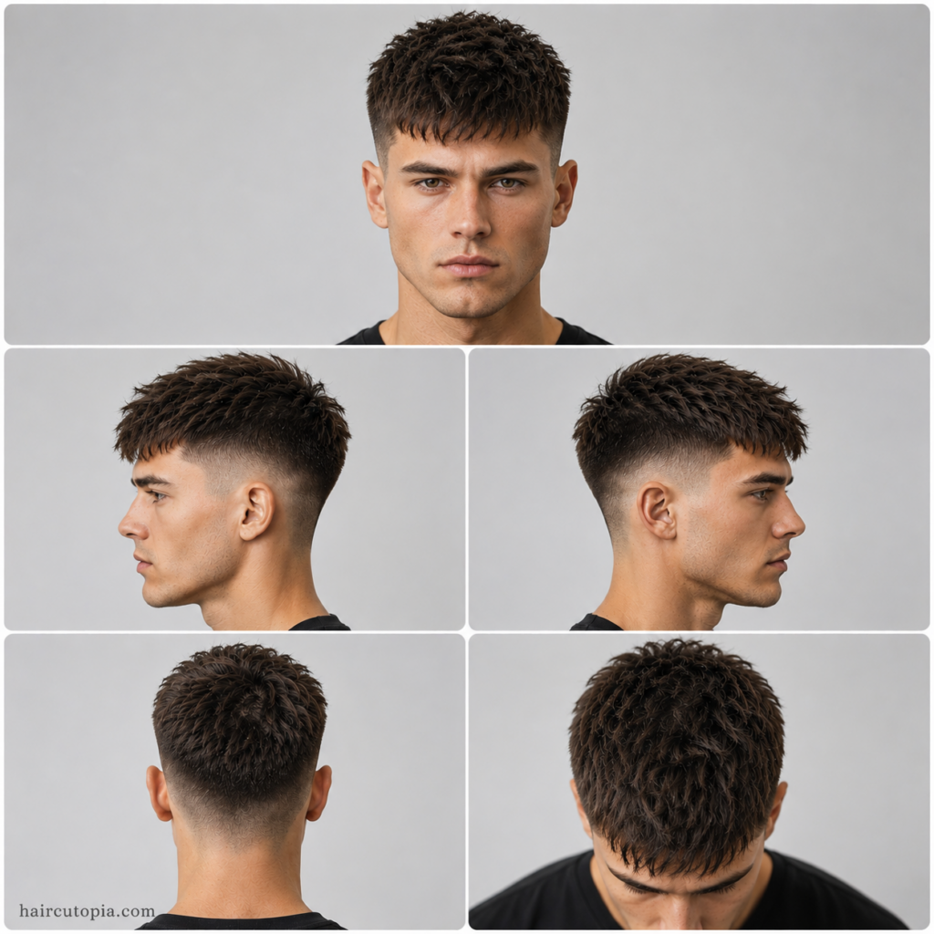 Five-view collage of a textured crop haircut for a square face showing the front, left side, right side, back, and top views.