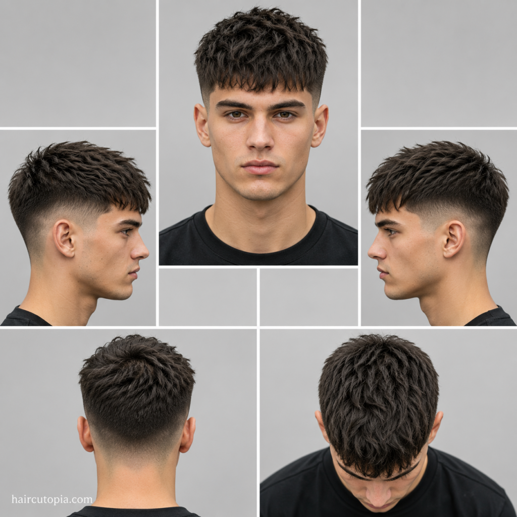 Five-view collage of a men's textured crop haircut for thick hair showing the front, left side, right side, back, and top views with a low fade and textured layers.