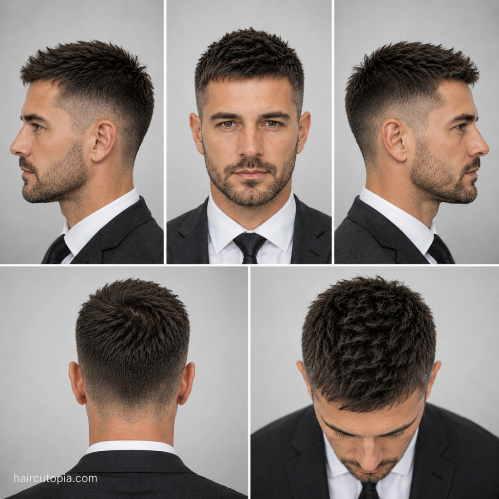 Five-view collage of a men's textured crop haircut for business professionals showing the front, left side, right side, back, and bird's-eye views.