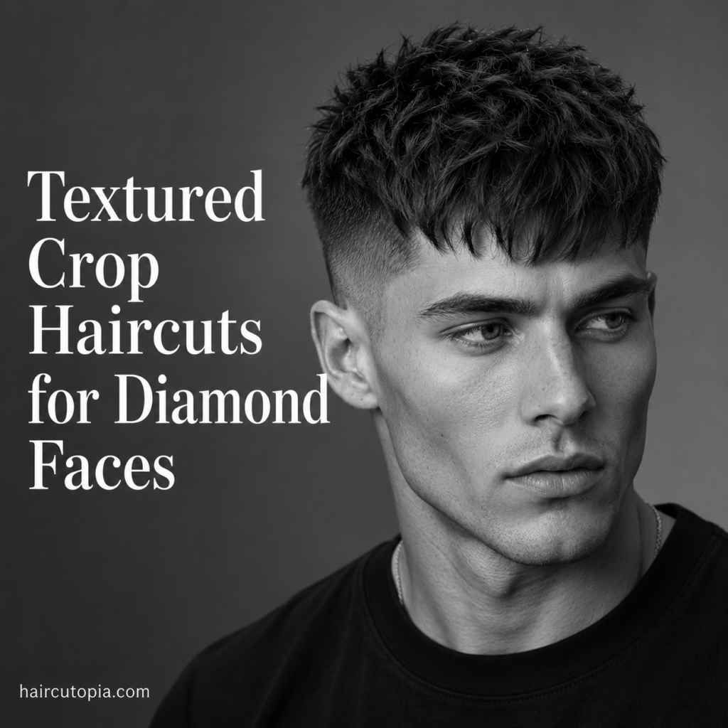 Man with a modern textured crop haircut and fade styled to complement a diamond-shaped face.