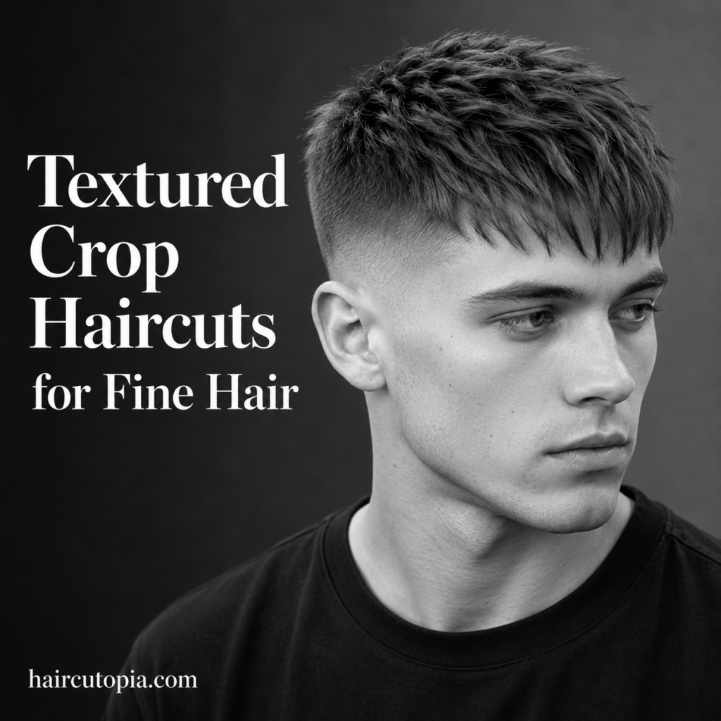 Man with a modern textured crop haircut for fine hair featuring layered texture, a low fade, and natural volume in a black-and-white editorial portrait.