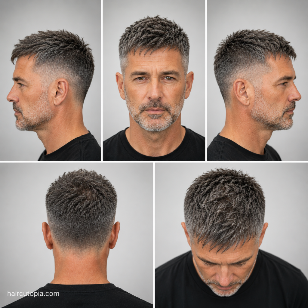 Five-view collage of a textured crop haircut for men over 40 showing the front, left side, right side, back, and bird's-eye views.