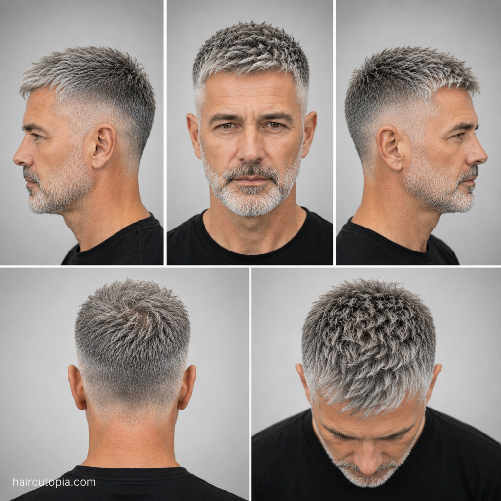 Five-view collage of a textured crop haircut for men over 50 showing the front, left side, right side, back, and bird's-eye views.