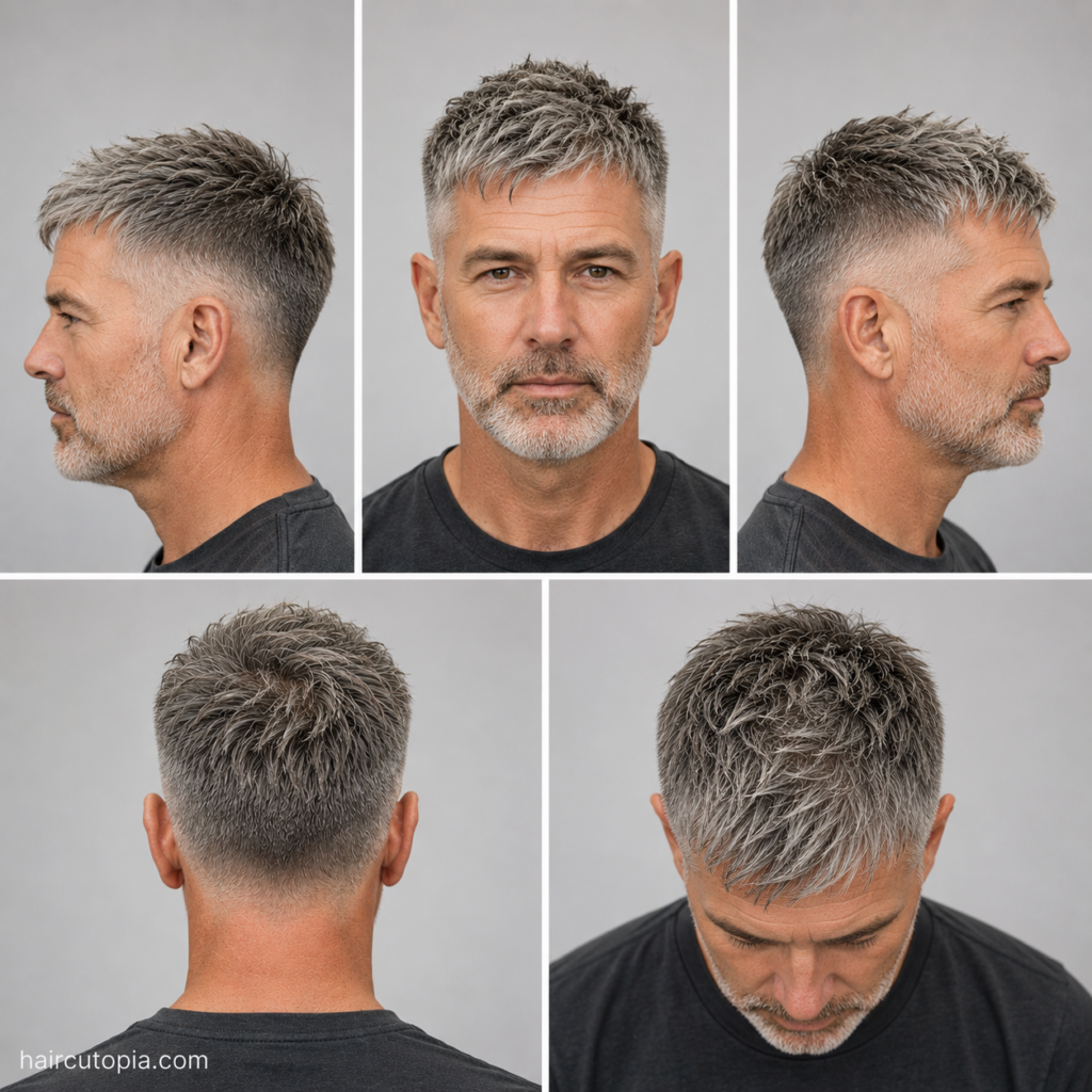 Five-view collage of a textured crop haircut for older men showing the front, left side, right side, back, and bird's-eye views.