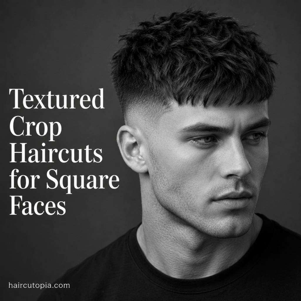 Man with a modern textured crop haircut and fade styled to complement a square face shape.