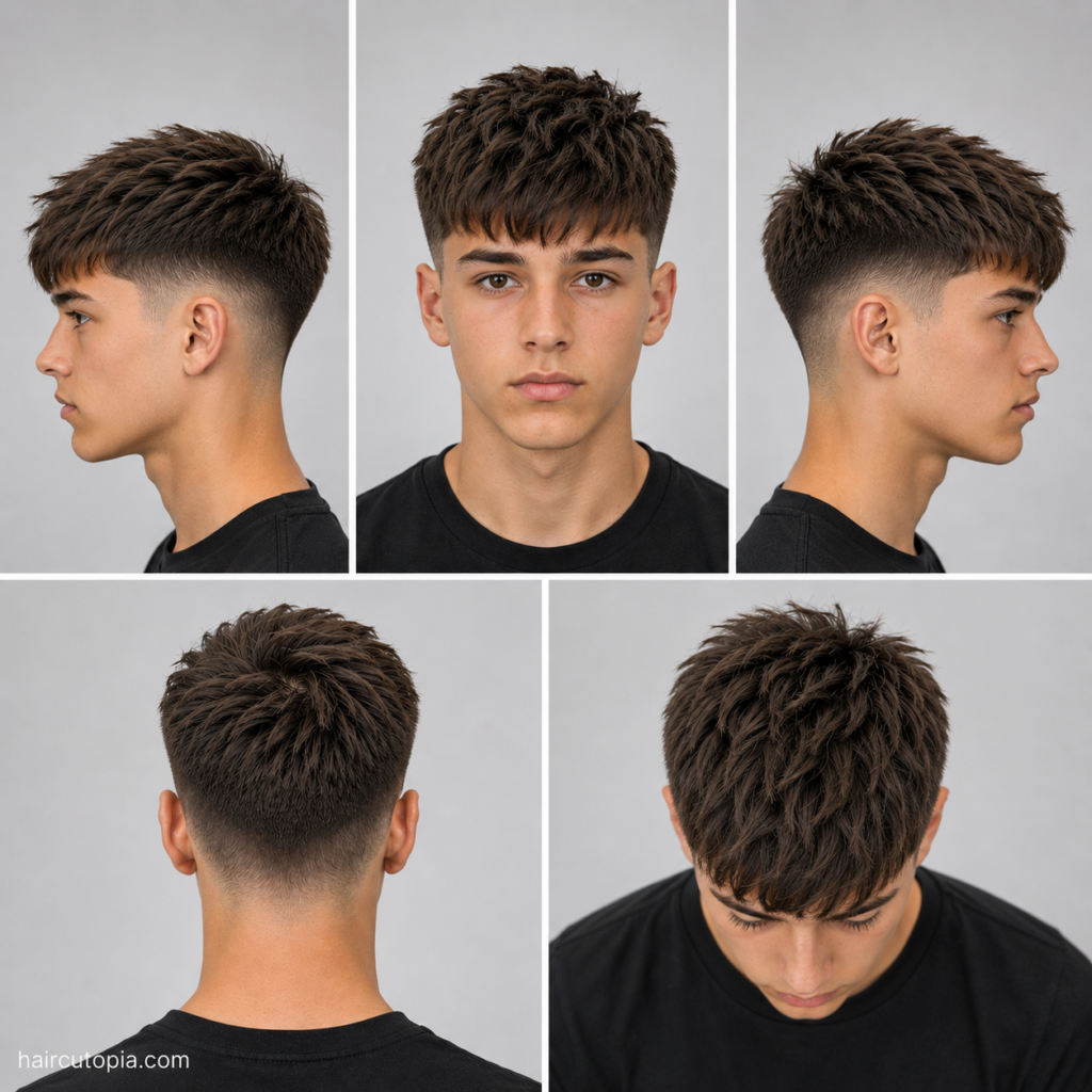 Five-view collage of a teen boy's textured crop haircut showing the front, left side, right side, back, and bird's-eye views.