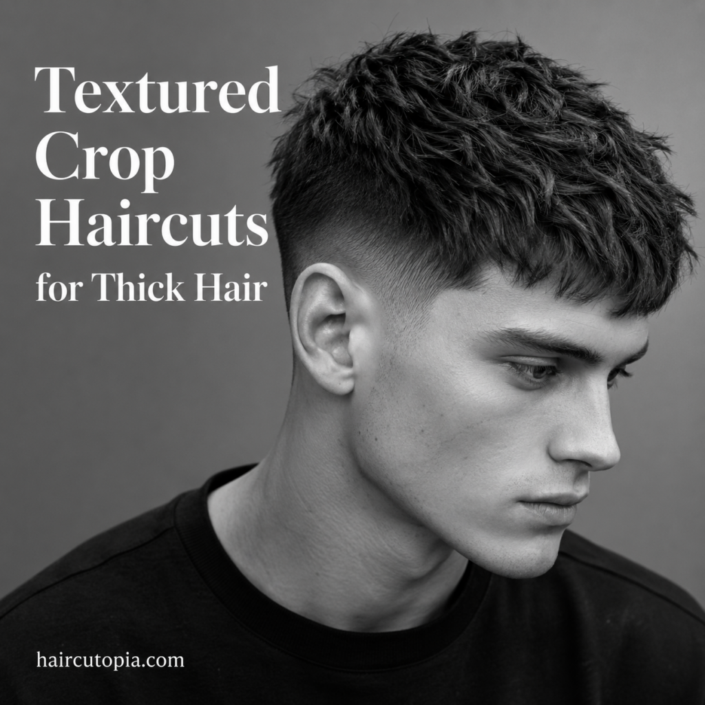 Man with a modern textured crop haircut for thick hair featuring a low fade and natural textured layers in a black-and-white editorial portrait.