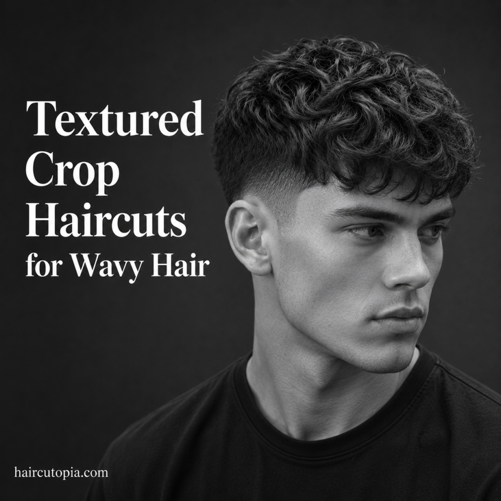 Man with a modern textured crop haircut for wavy hair featuring natural waves, textured layers, and a low fade in a black-and-white editorial portrait.