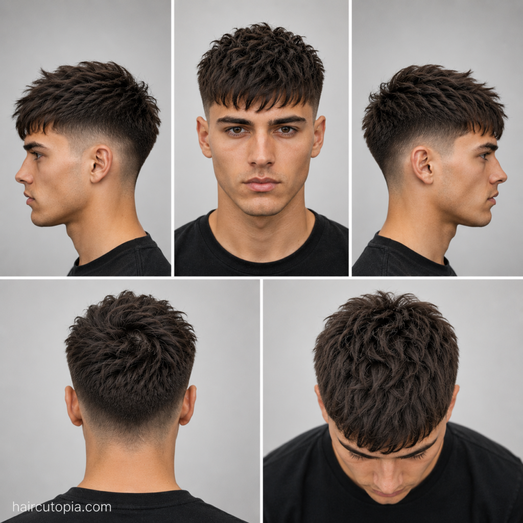 Five-view collage of a men's textured crop haircut showing the front, left side, right side, back, and bird's-eye views.