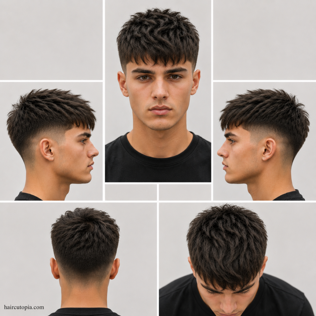 Five-view collage of a men's textured crop haircut for straight hair showing the front, left side, right side, back, and top views with textured layers and a low fade.