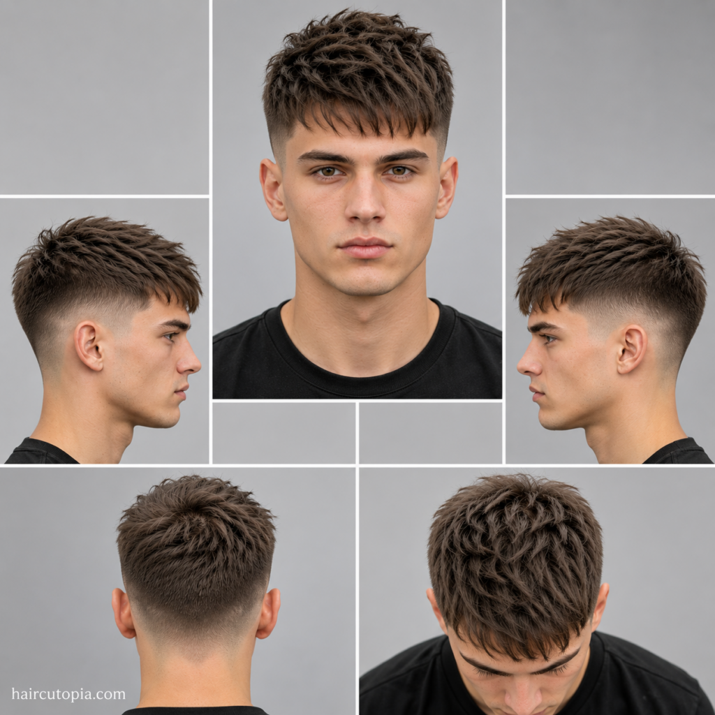 Five-view collage of a men's textured crop haircut for thin hair showing the front, left side, right side, back, and top views with textured layers and a low taper fade.