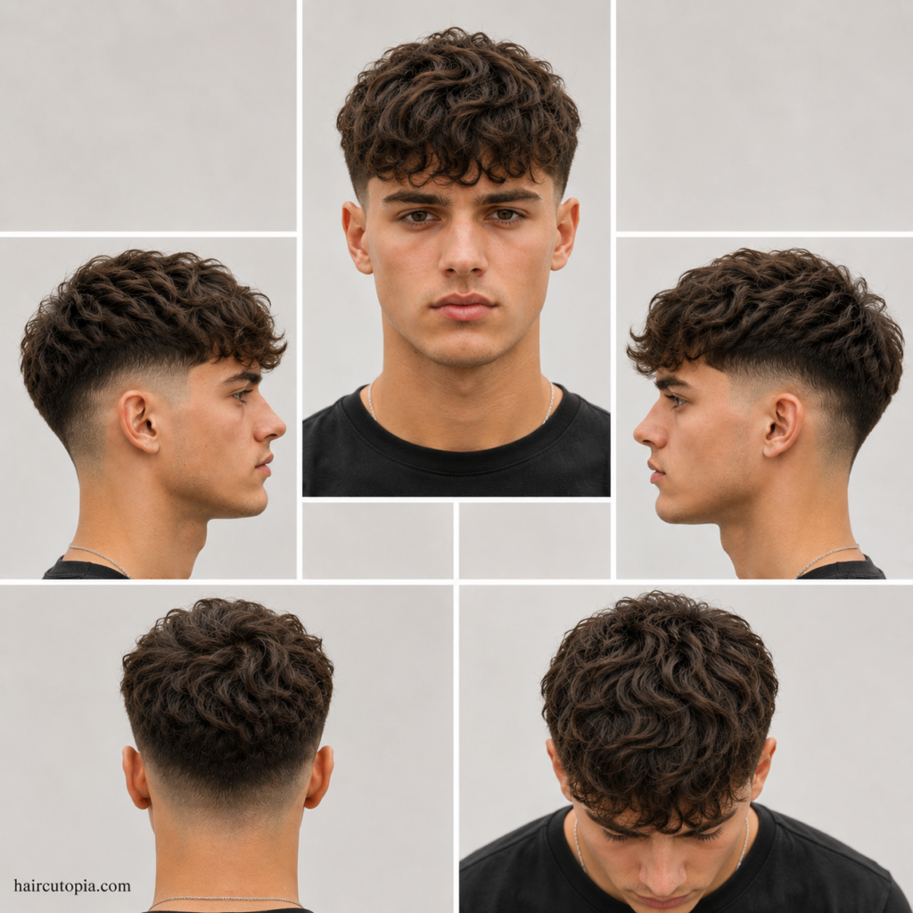 Five-view collage of a men's textured crop haircut for wavy hair showing the front, left side, right side, back, and top views with natural waves and a low fade.