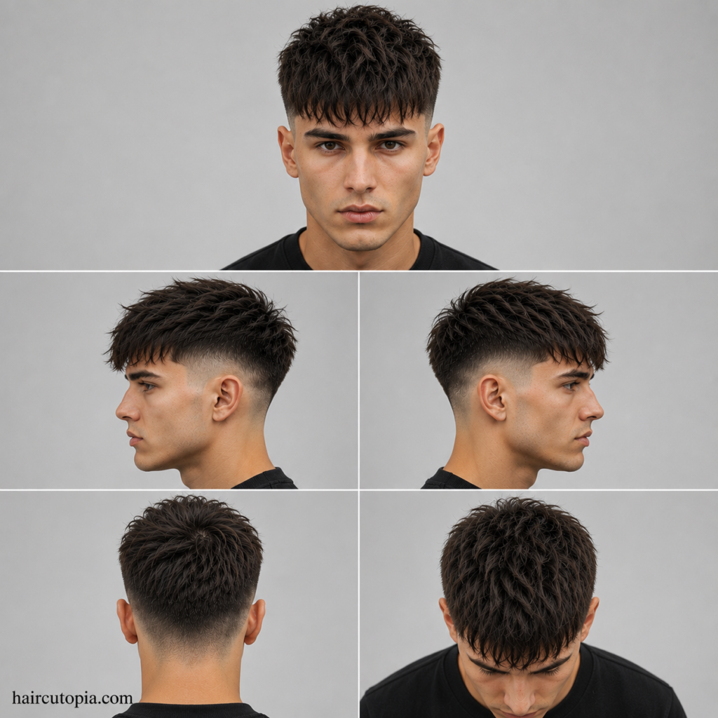 Five-view collage of a textured French crop haircut showing front, side, back, and top views
