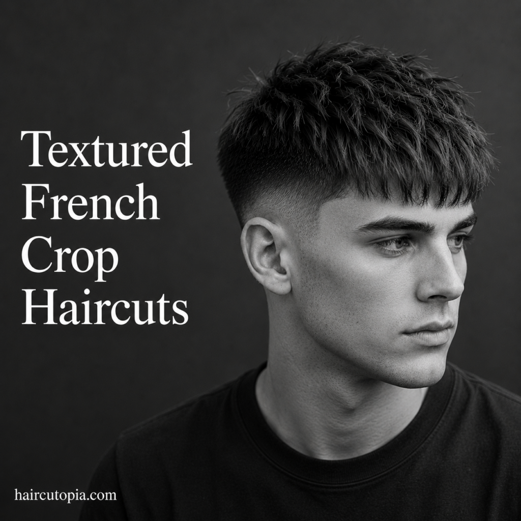 Man with a textured French crop haircut featuring layered texture and modern fade styling