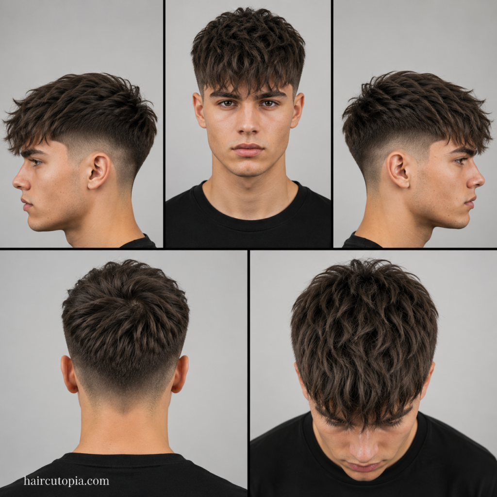 Five-view collage of a textured fringe haircut for thick hair showing the front, left side, right side, back, and top views.