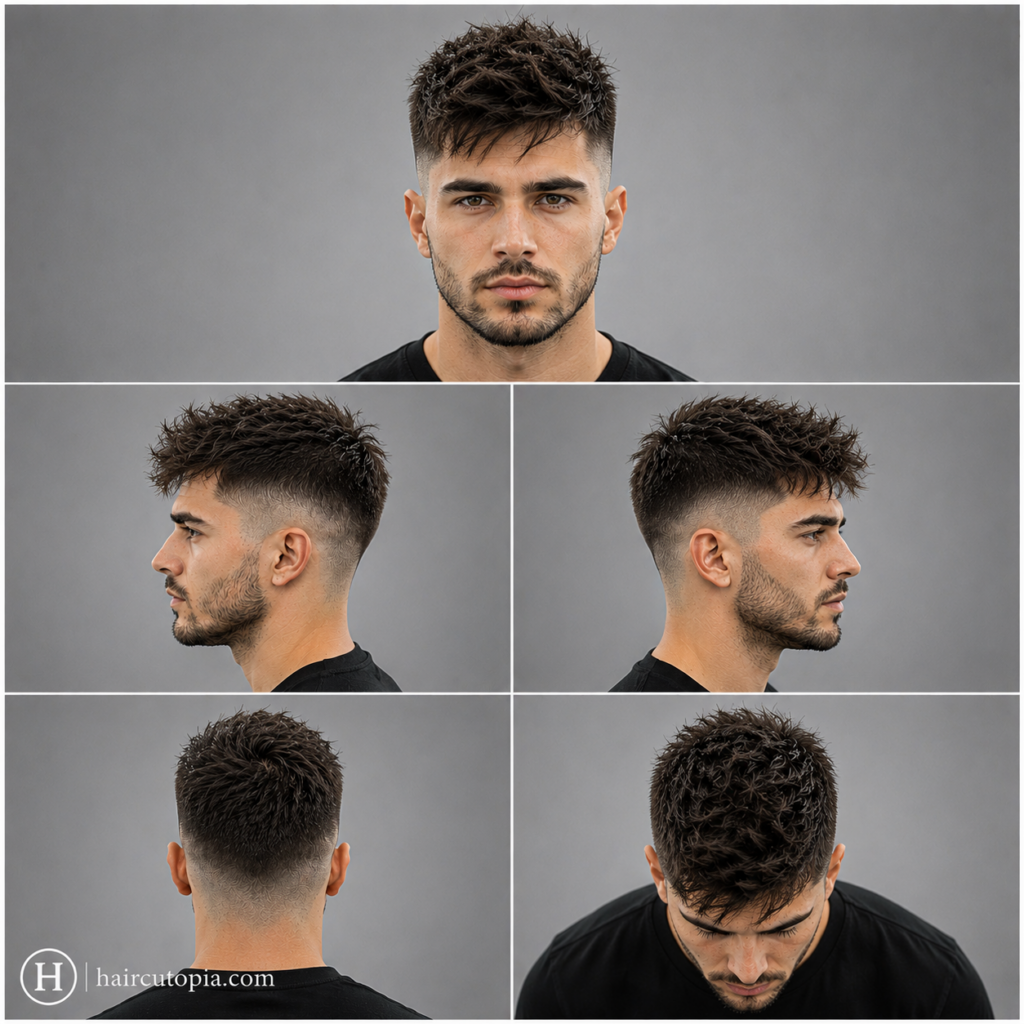 Five-panel collage showing a textured high fade haircut from the front, left side, right side, back, and top views.