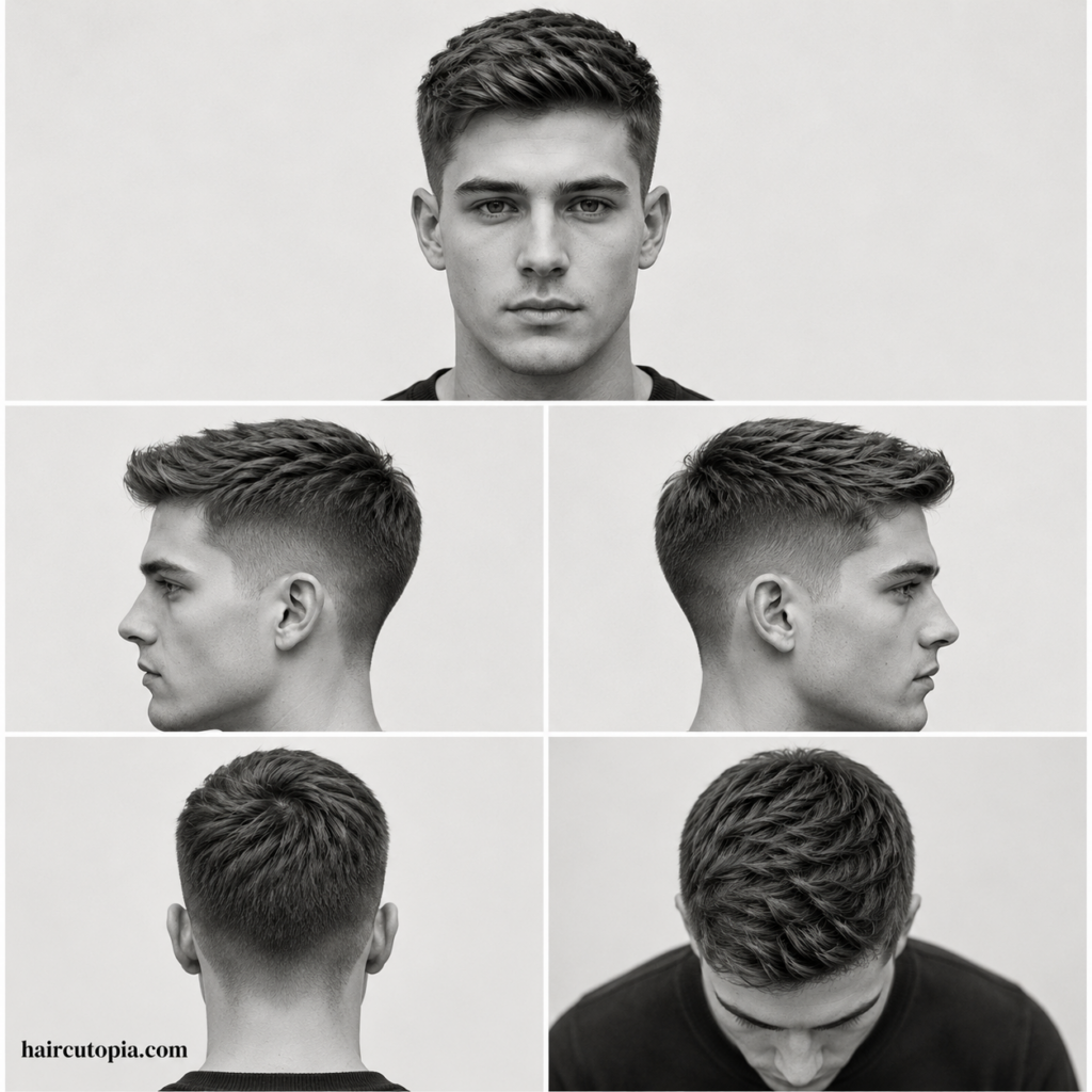 Five-view collage of a textured Ivy League haircut showing front, left side, right side, back, and top views with natural texture and tapered sides.