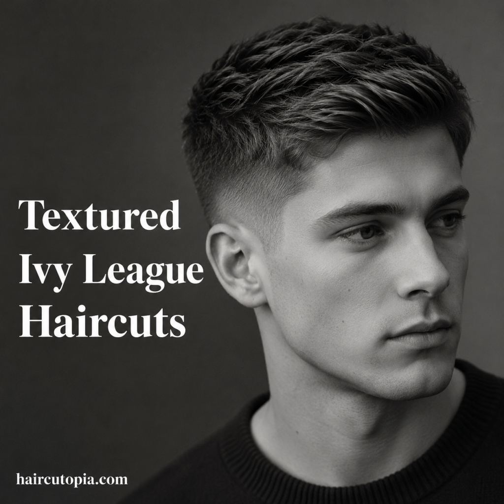 Man with a textured Ivy League haircut featuring natural volume, tapered sides, and modern styling in a black and white editorial portrait.