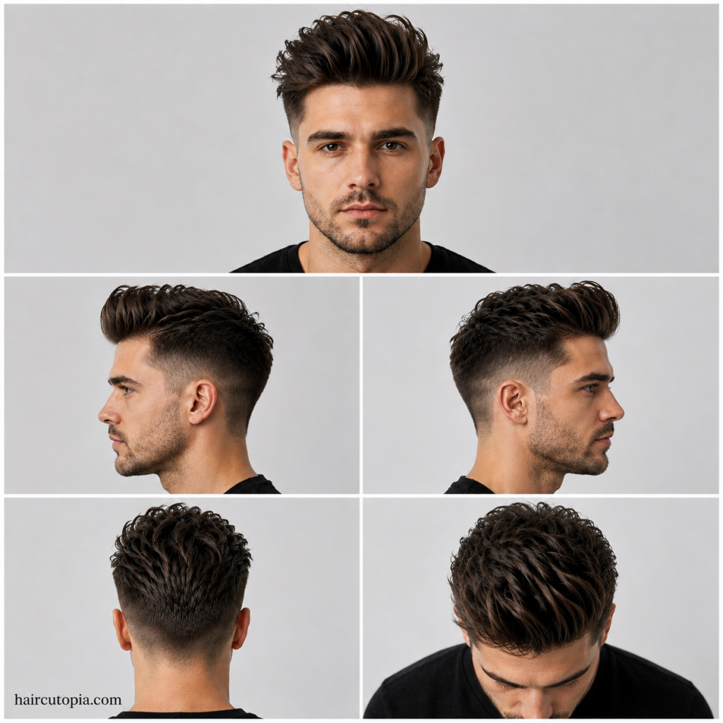 Five-view collage of a textured pompadour haircut for men showing the front, left side, right side, back, and top views