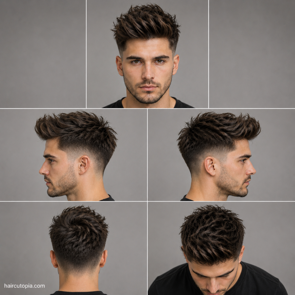 Five-panel collage showing a modern textured quiff haircut from the front, left side, right side, back, and bird's-eye views with layered texture, natural volume, and clean tapered sides.