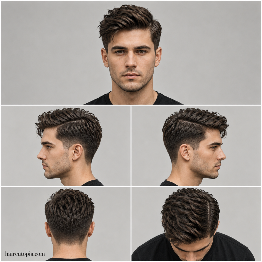 Five-view collage of a textured men’s side part haircut showing front, left side, right side, back, and top views