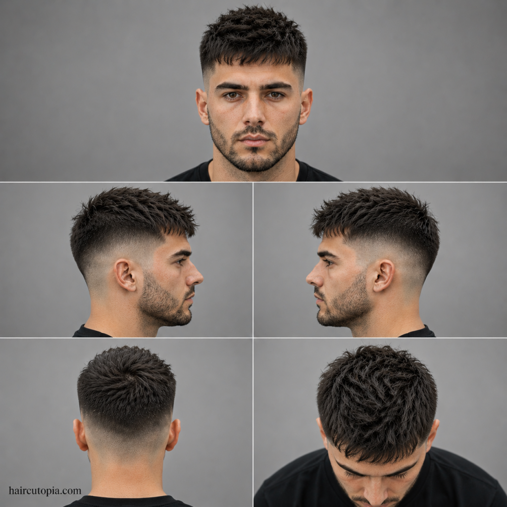 Five-panel collage showing a textured skin fade haircut from the front, left side, right side, back, and top views.