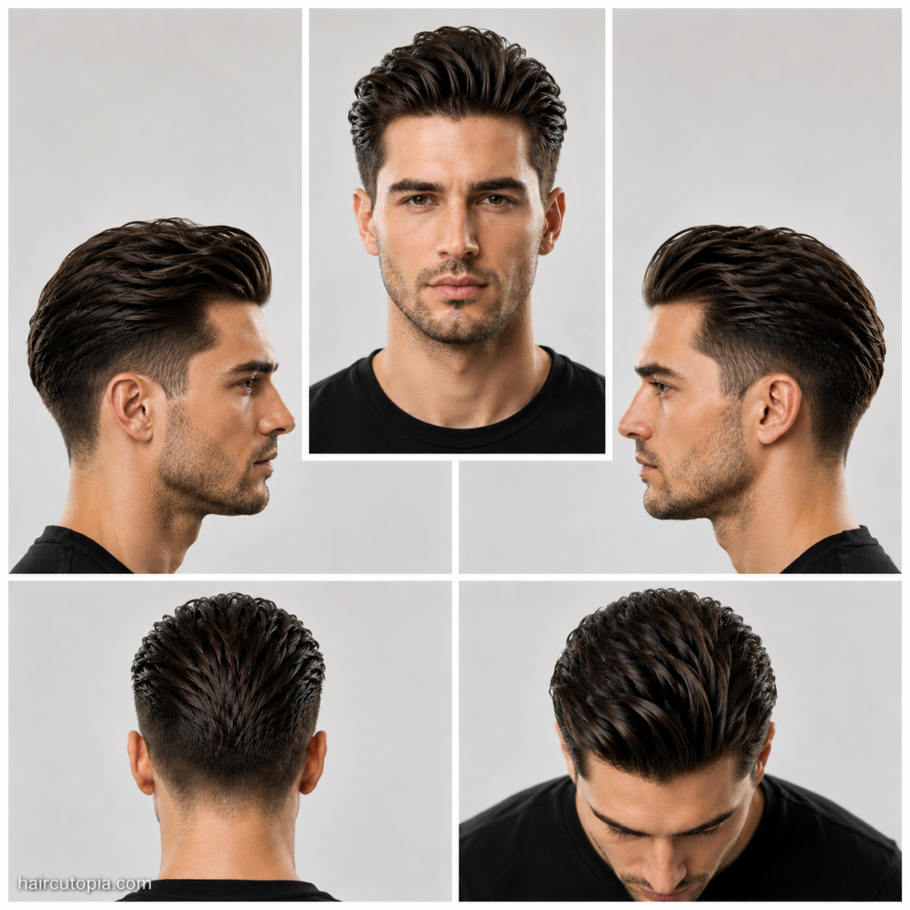 Five-panel collage of a textured slick back haircut showing the front, left side, right side, back, and bird's-eye views with natural volume, visible texture, and a clean low taper.